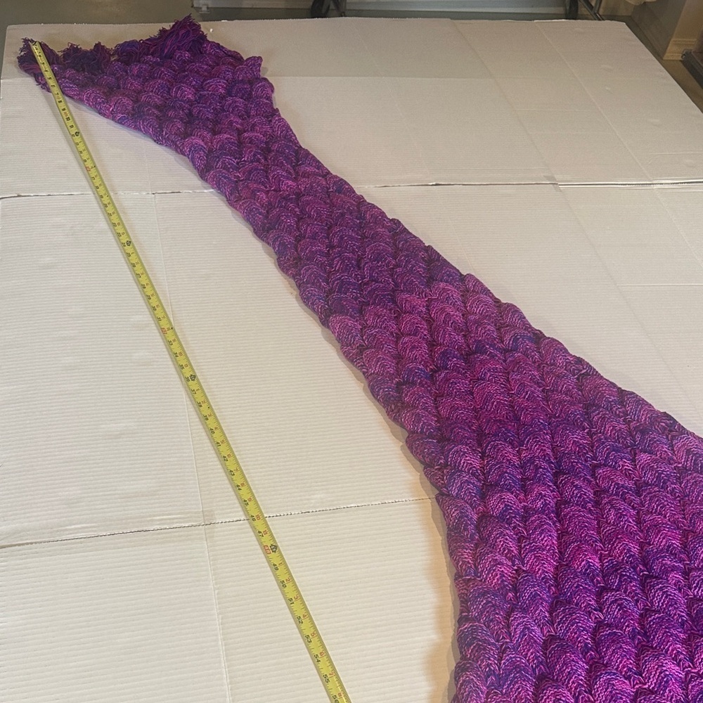 Purple pink and bluish knitted Mermaid Tail Blanket costume with fringe at ends - Picture 10 of 11